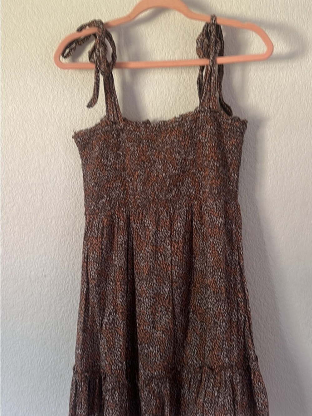 aerie Brown Tie-Shoulder Smocked Midi Dress